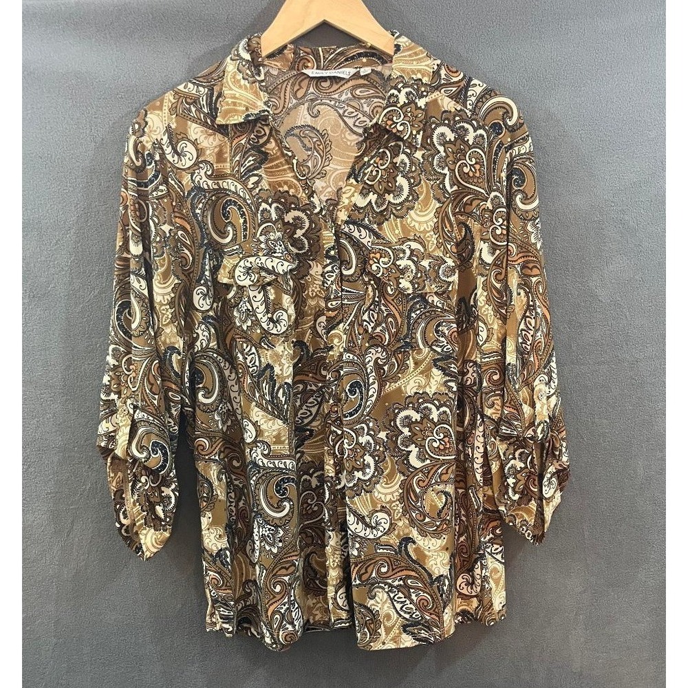 Emily Daniels Blouse Paisley Sequin Roll Tab Button Up Gold Brown Tan Boho Large